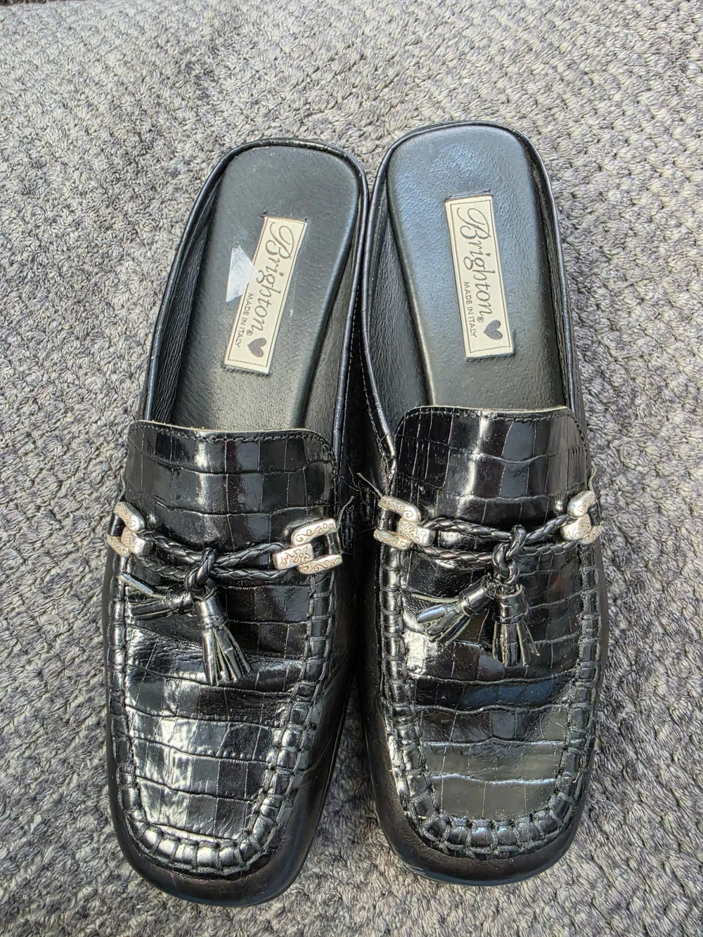 Brighton Black Croc-Embossed Leather Tassel Slip-On Loafers